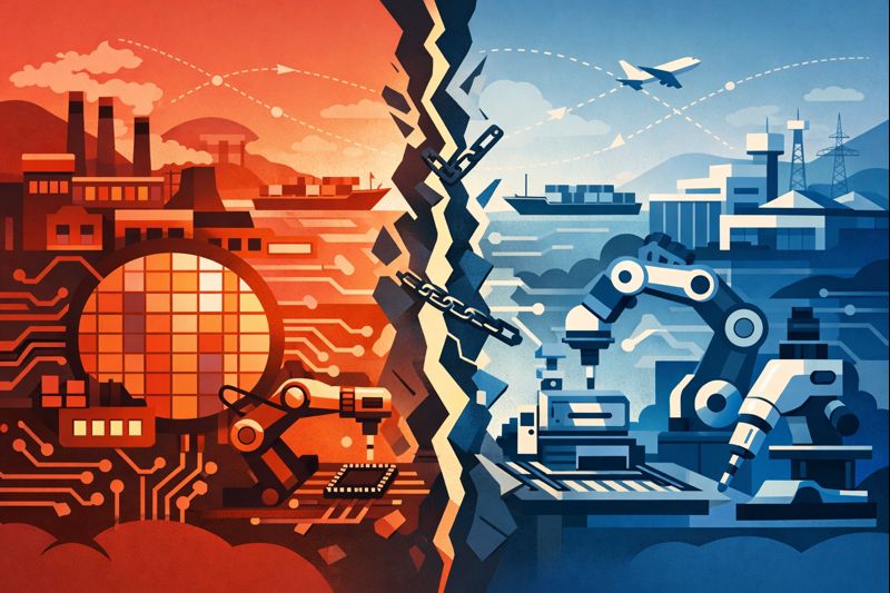 Illustration showing rising economic tensions between China and Japan over technology export controls and supply chain fragmentation.