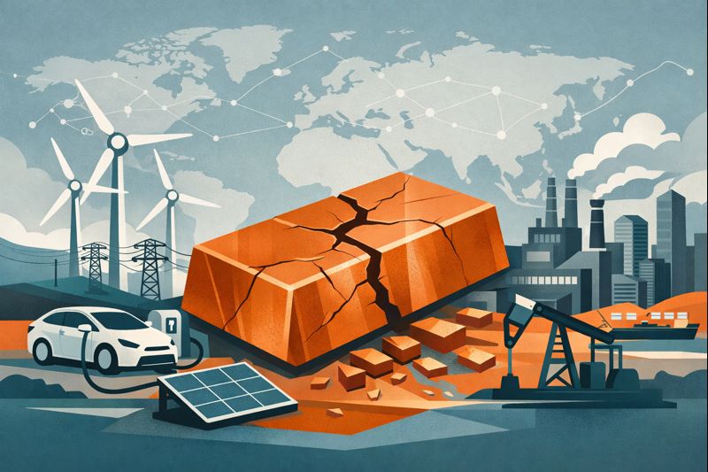 Flat vector illustration showing a cracked copper core surrounded by renewable energy, electric vehicles, and industrial infrastructure, symbolizing a global copper shortage.