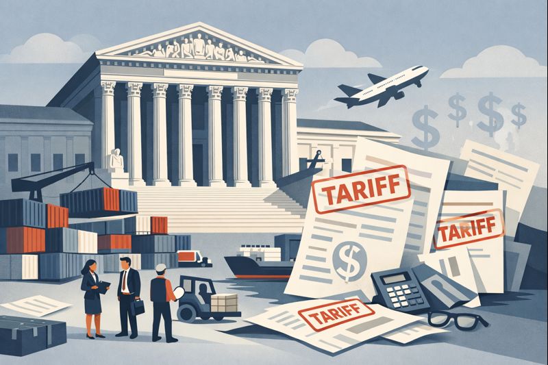 Illustration of the US Supreme Court looming over shipping containers and tariff documents, symbolizing legal risk to US trade policy and tariff refunds.