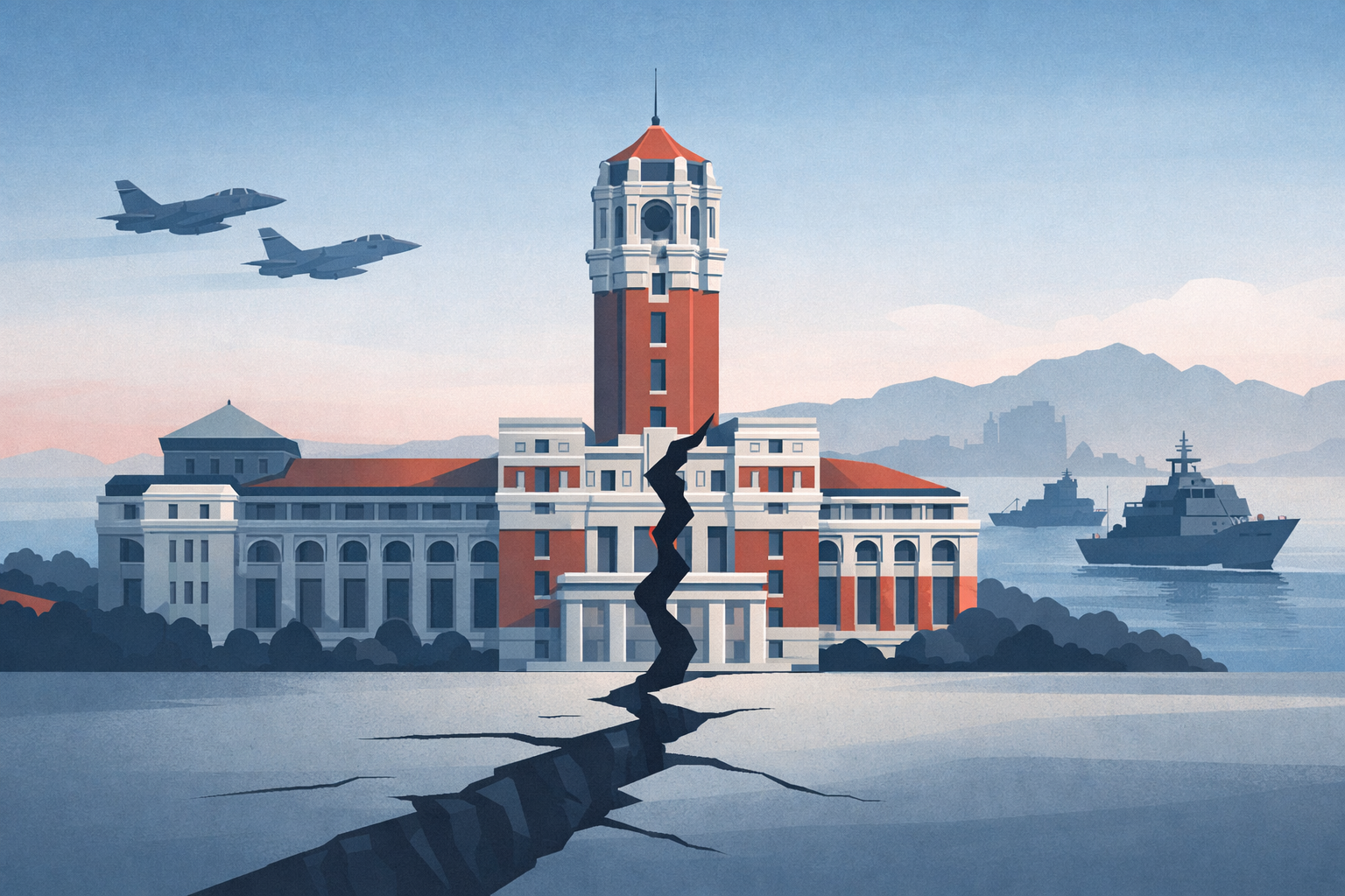Illustration of Taiwan’s parliament building with a crack in the ground symbolizing defense budget delay, with military aircraft and ships in the background representing China tension.