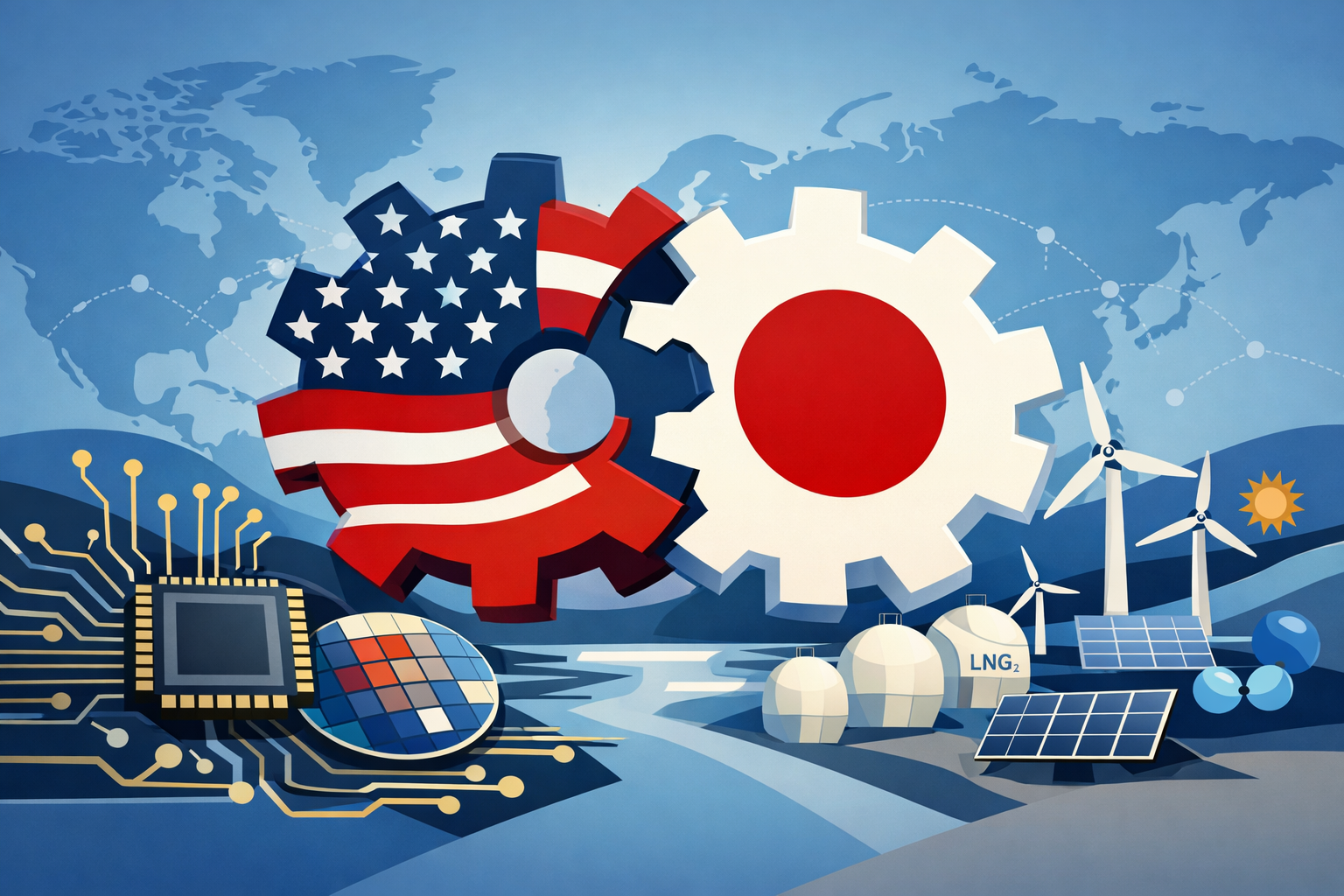 Flat vector illustration of US and Japan cooperation in energy and semiconductor investment, featuring chips, wind turbines, and interconnected gears symbolizing a $550 billion strategic fund.
