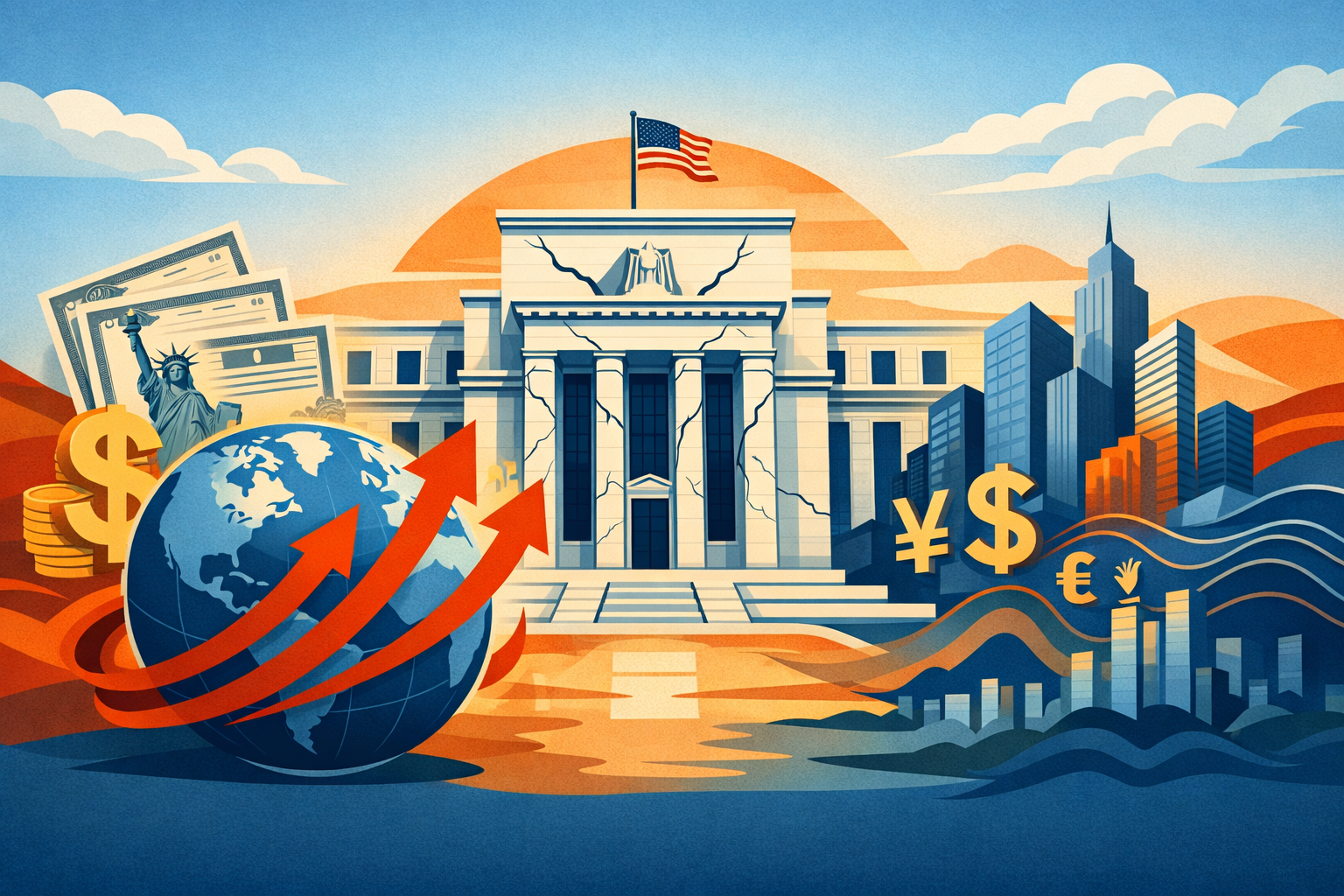 Illustration of the Federal Reserve building with rising global inflation arrows affecting world markets.