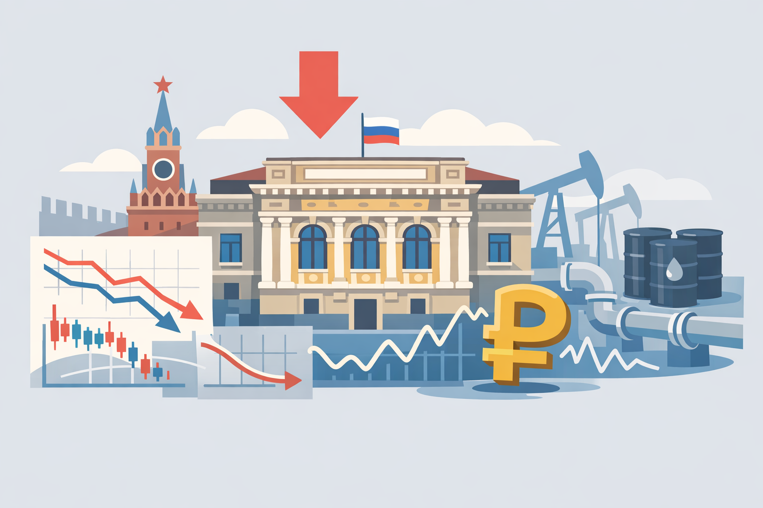 Illustration of Russia’s central bank with downward rate symbols, financial charts, and energy references indicating economic slowdown.