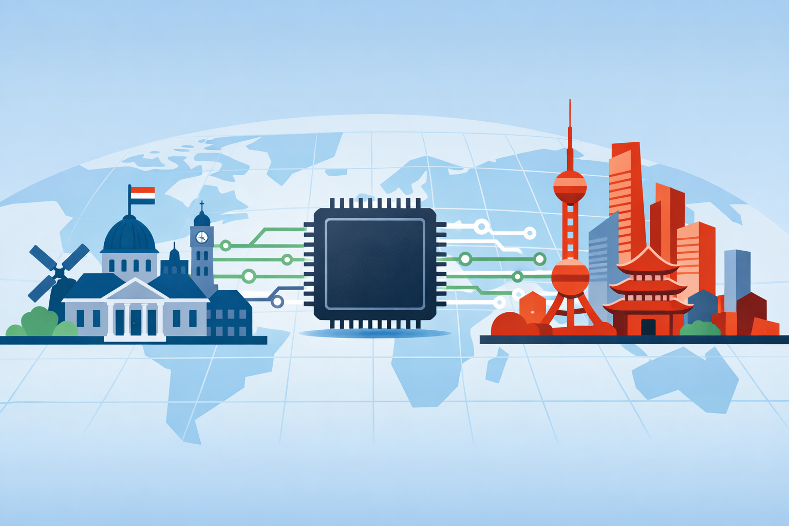 Flat-design illustration showing Europe and China connected by semiconductor supply chains, symbolizing tech decoupling and geopolitical tension.