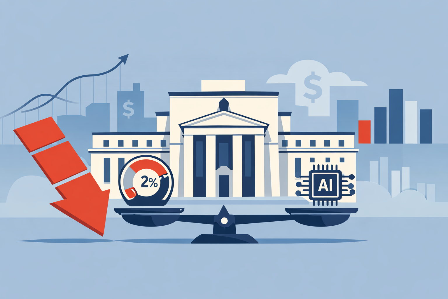 Flat-design illustration of the Federal Reserve, a conditional downward interest rate arrow, a 2% inflation gauge, and an AI chip symbol representing the Fed’s rate-cut debate.