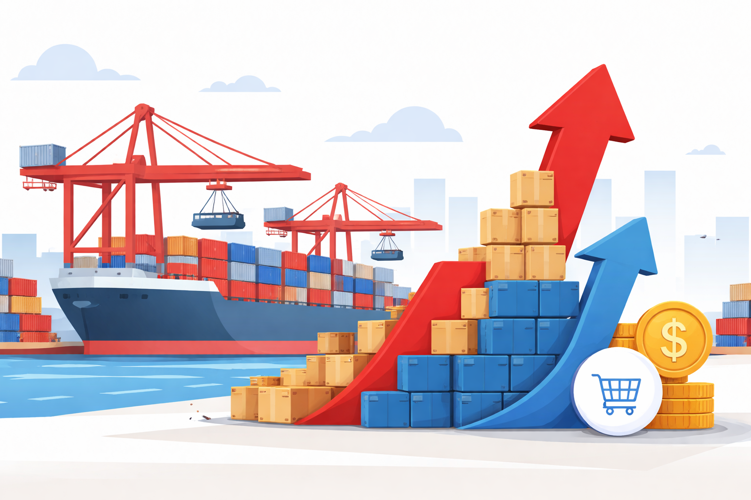 Flat-design illustration of a US port with shipping containers and rising import arrow symbolizing a record trade deficit.
