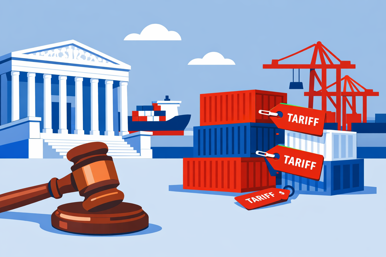 Flat-design illustration of the US Supreme Court and shipping containers symbolizing a tariff halt ruling.