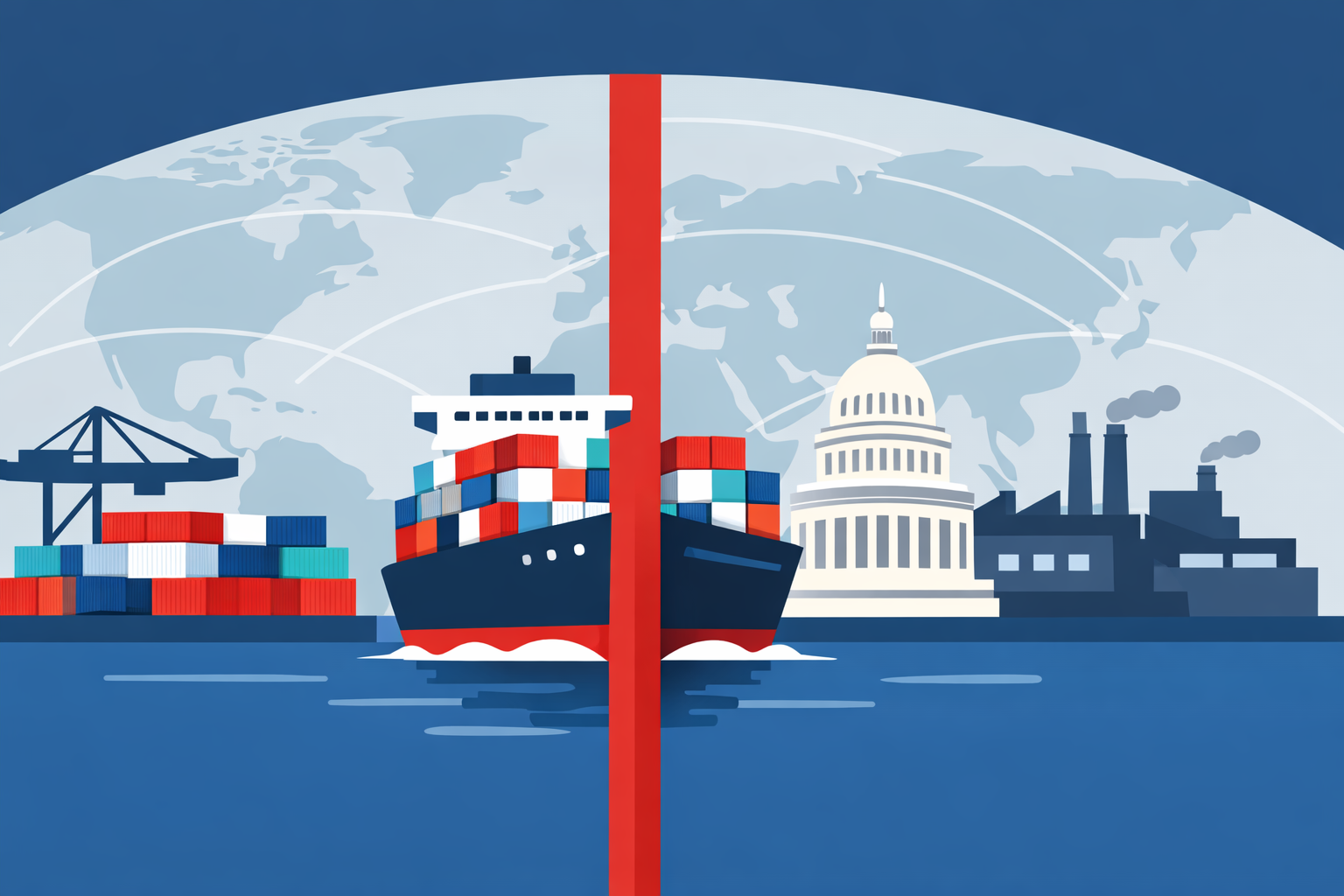 Flat-design illustration of a cargo ship divided by a red tariff barrier line, symbolizing a global 10% US tariff impacting international trade.