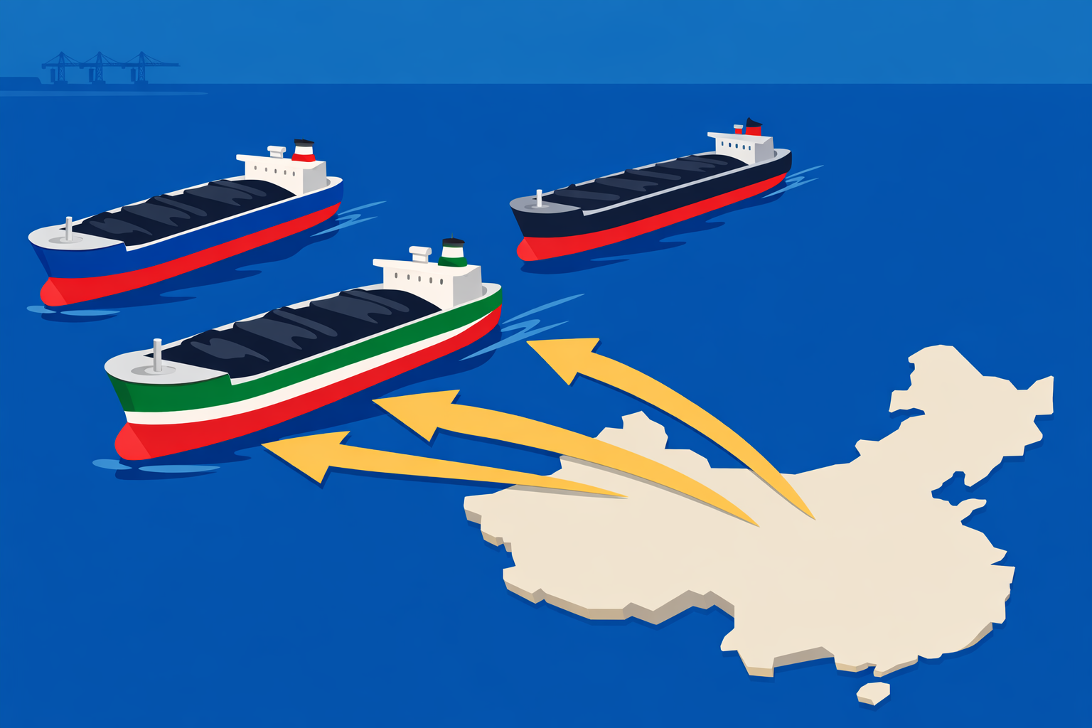 Flat-design illustration of Russian and Iranian oil tankers sending discounted crude shipments toward China, symbolizing global oil market oversupply.