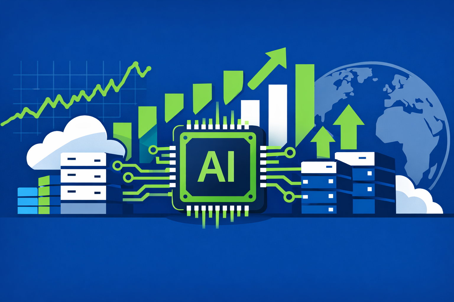 Flat-design illustration of an AI chip connected to data centers and rising charts symbolizing Nvidia’s record earnings and the global AI investment boom.