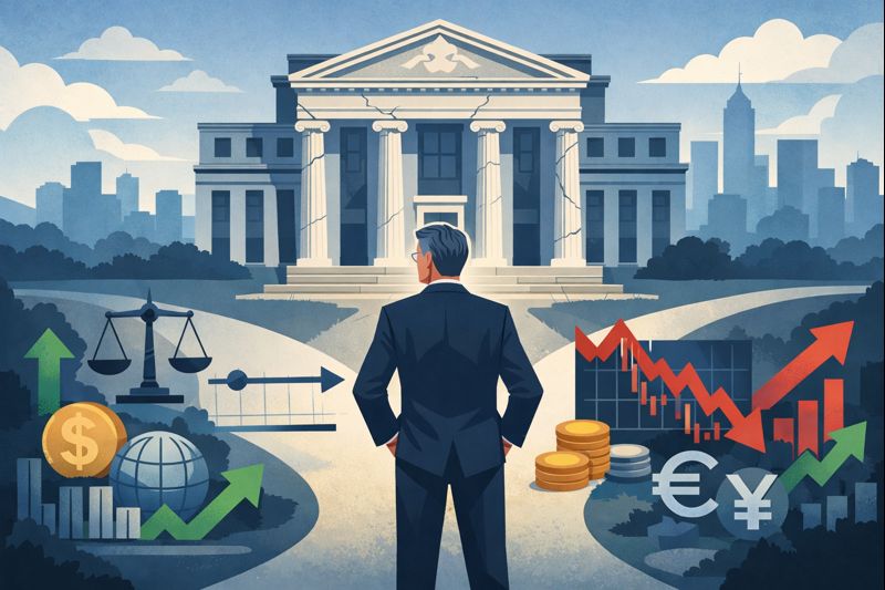 Flat-vector illustration of the US Federal Reserve facing a policy crossroads, symbolizing uncertainty over future interest rate decisions and market reactions.