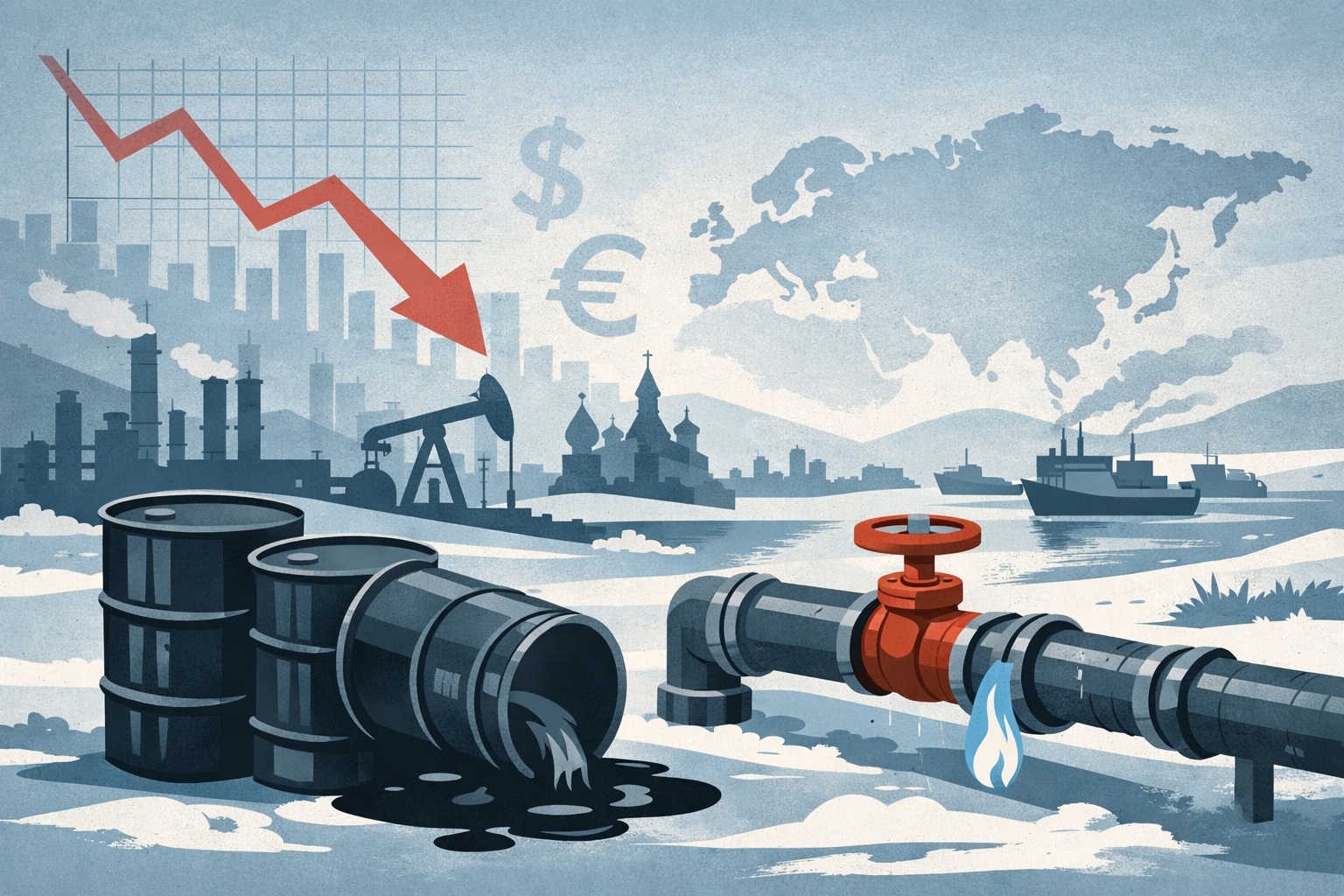 Illustration showing declining oil and gas revenues in Russia, with emptying barrels and pipelines symbolizing the financial impact of sanctions on the war economy.