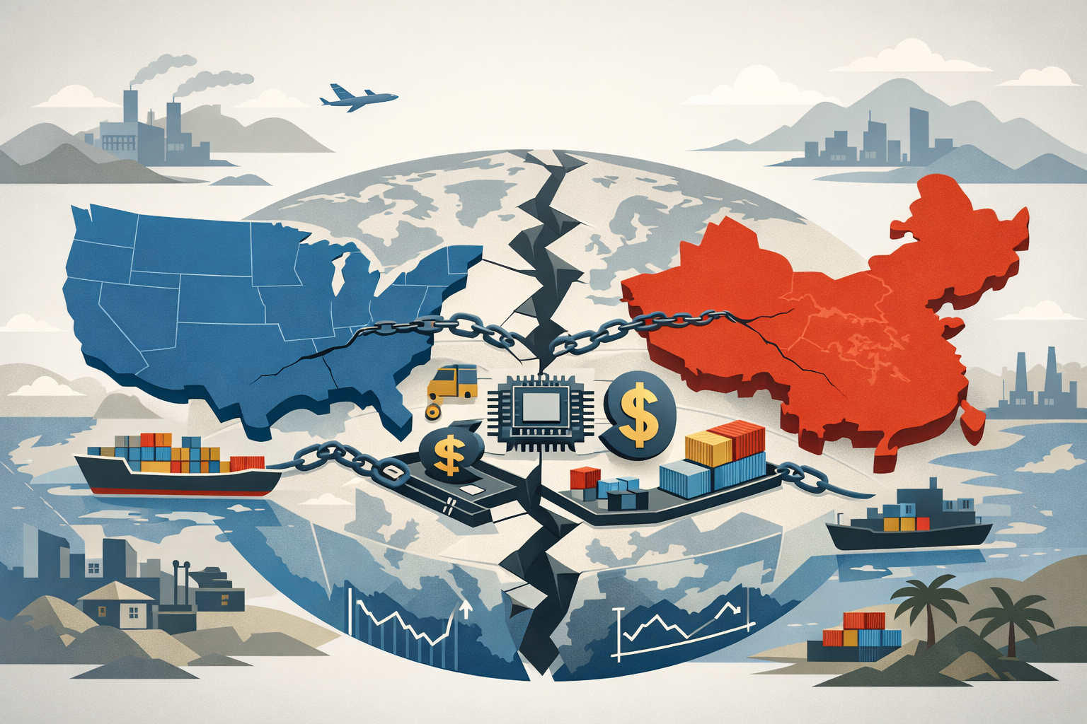 Illustration showing the US and China separating economically, with global supply chains and markets strained in between.