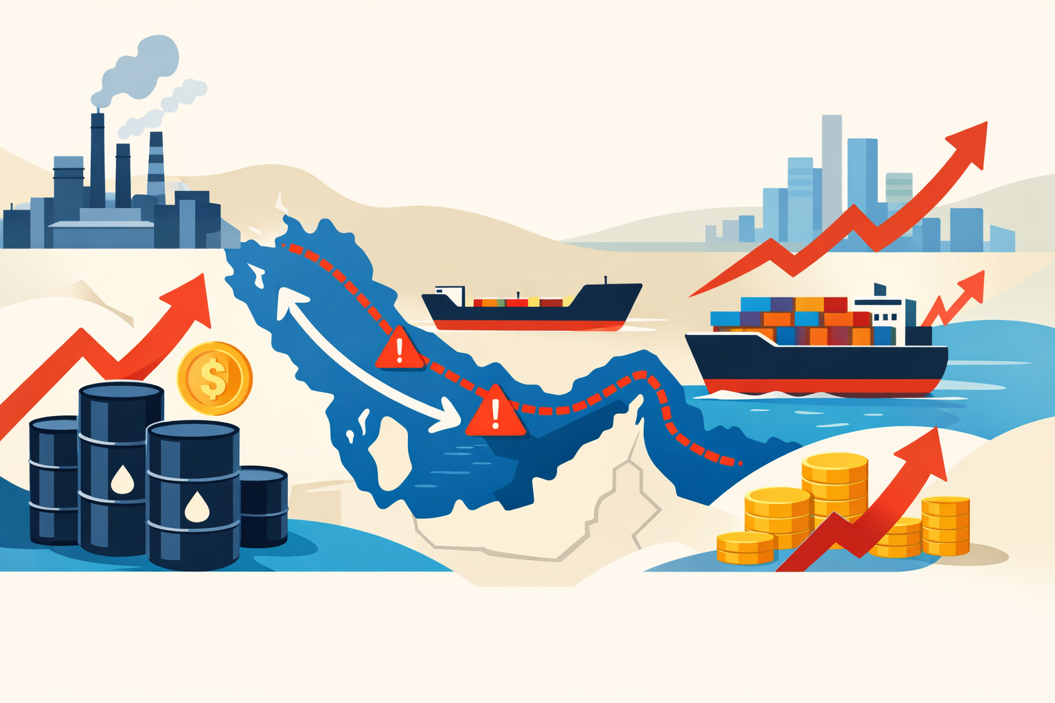 Flat-design illustration of the Strait of Hormuz disruption causing higher oil prices and global economic pressure.