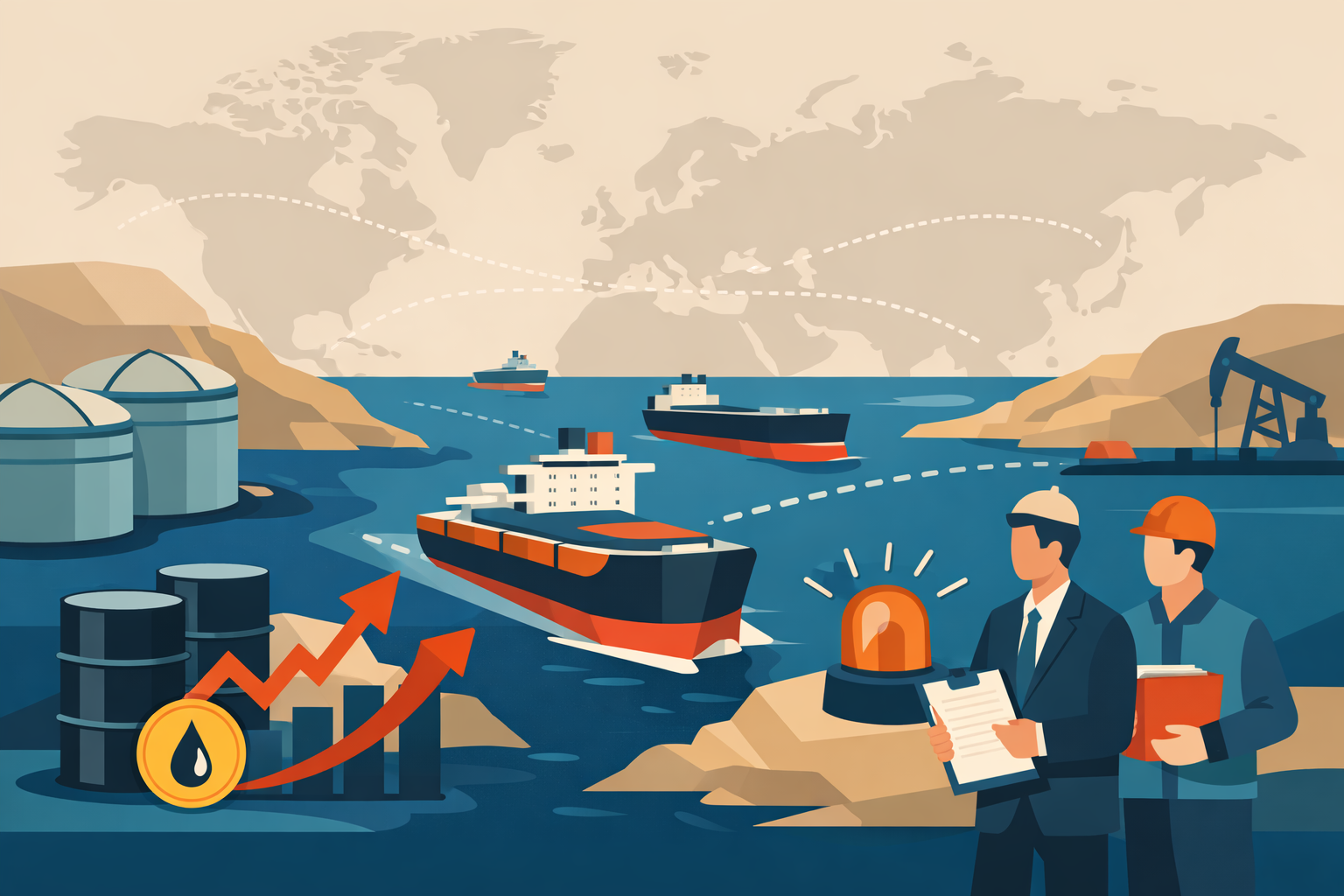 Flat-design illustration of oil tankers in the Strait of Hormuz with global market symbols showing a major energy supply disruption.