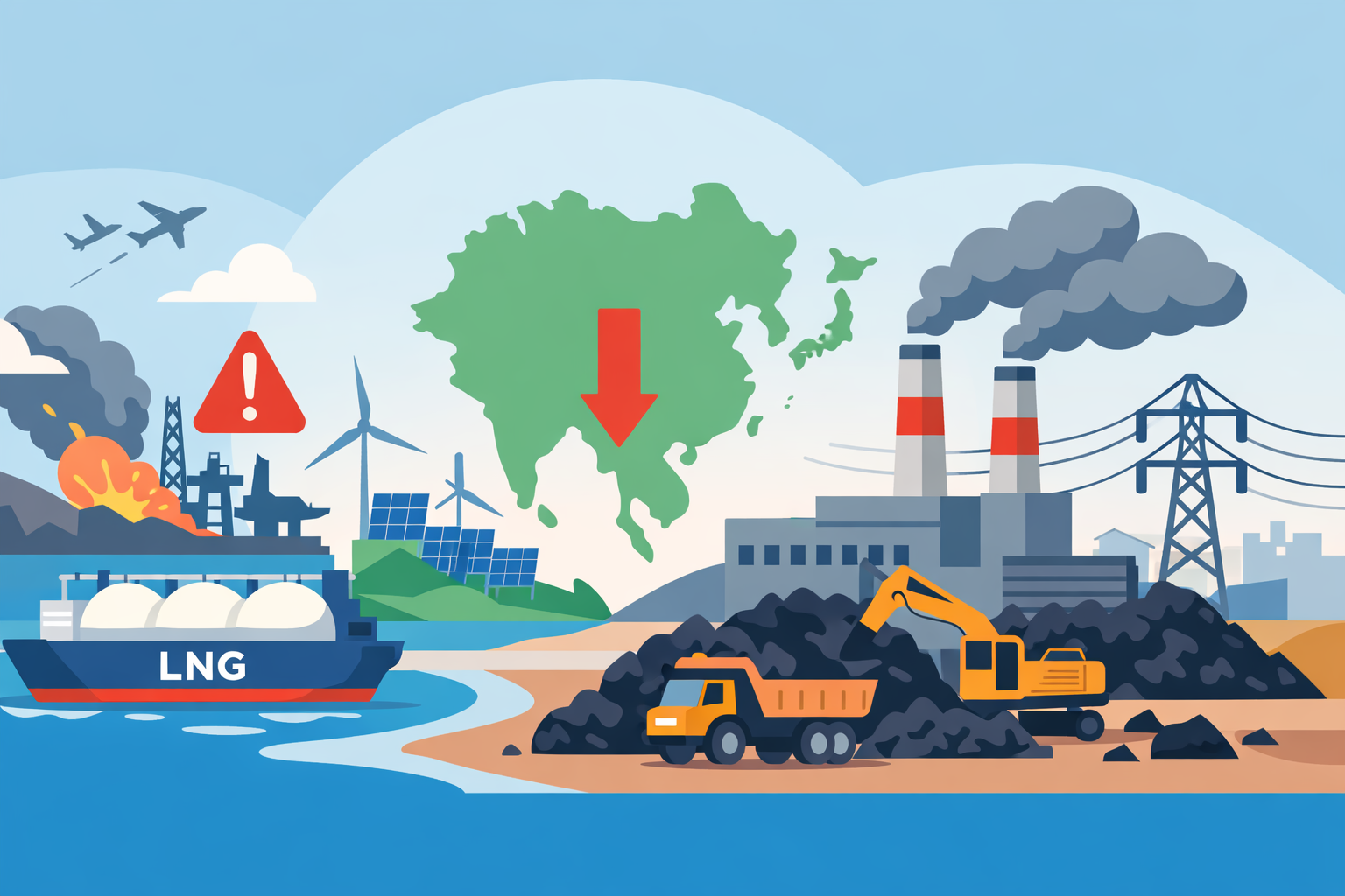 Flat-design illustration of Asia turning back to coal as Middle East conflict disrupts LNG supply routes.