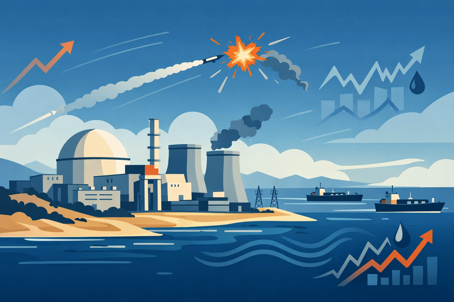 Flat-design illustration of Iran’s Bushehr nuclear plant near the Gulf with signs of a nearby projectile incident and distant oil tankers.