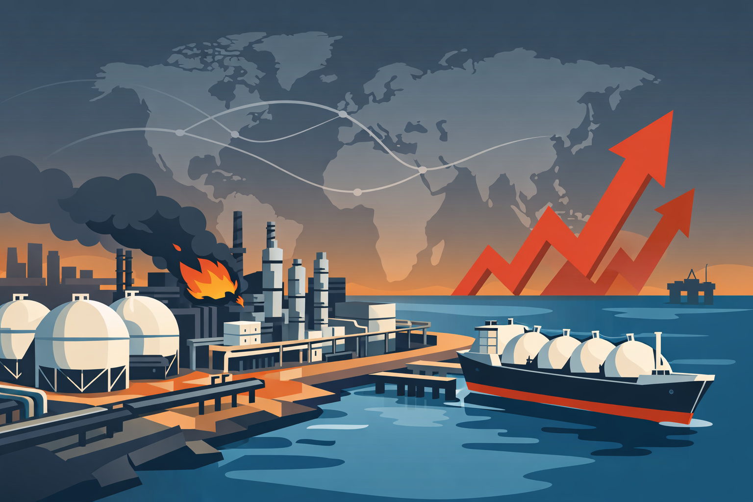 Flat-design illustration of Qatar’s Ras Laffan LNG facility with visible damage, an LNG tanker, and global trade-route motifs symbolizing a worldwide energy supply shock.