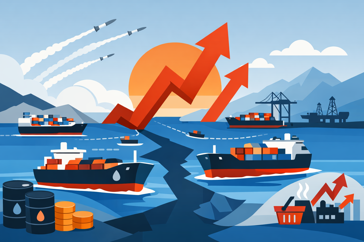 Flat-design illustration of oil tankers, shipping routes, and rising energy prices amid Iran-Israel tensions in the Middle East.