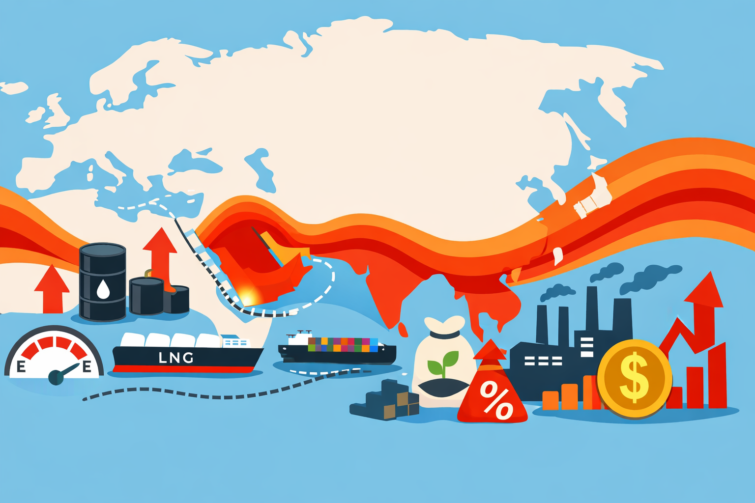 Flat-design vector illustration of a global energy crisis, showing disrupted oil and LNG flows from the Middle East to Europe and Asia, rising inflation, industrial cost pressure, and supply-chain stress.