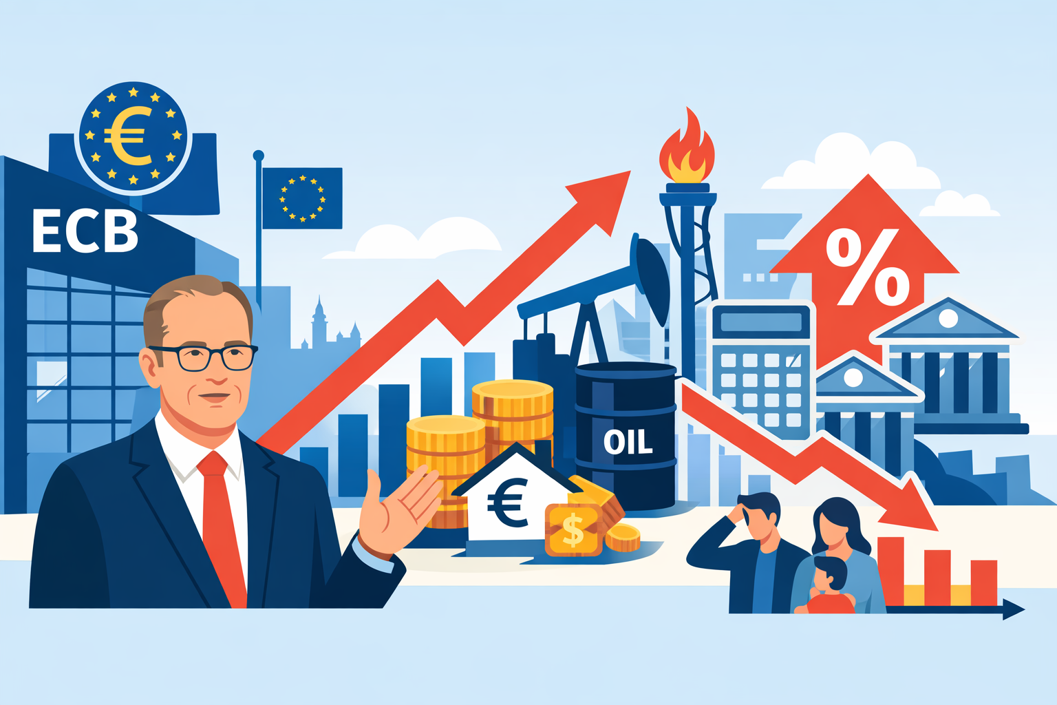 Flat-design illustration of the European Central Bank, rising oil prices, and renewed eurozone inflation pressures as rate-hike expectations return.