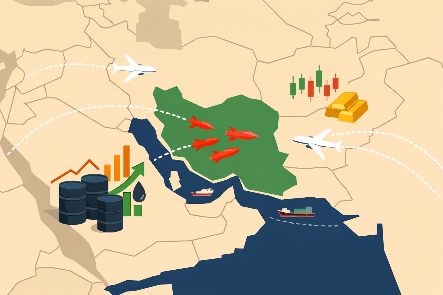 Flat-design illustration of Middle East map with airstrike arrows, oil barrels, flight rerouting paths, and financial market symbols.