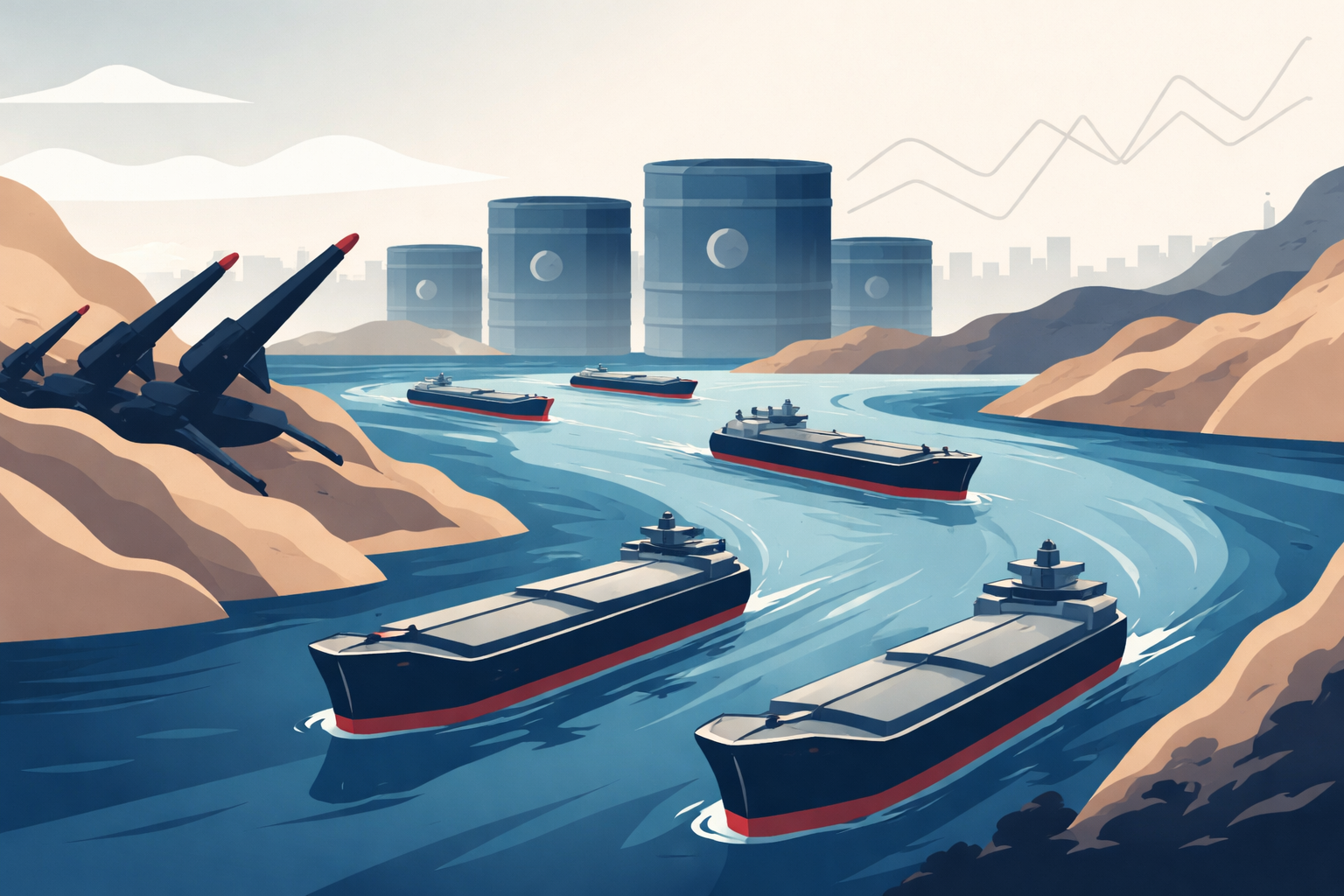 Flat-design illustration of the Strait of Hormuz with oil tankers and symbolic missile silhouettes representing geopolitical risk and oil market disruption.