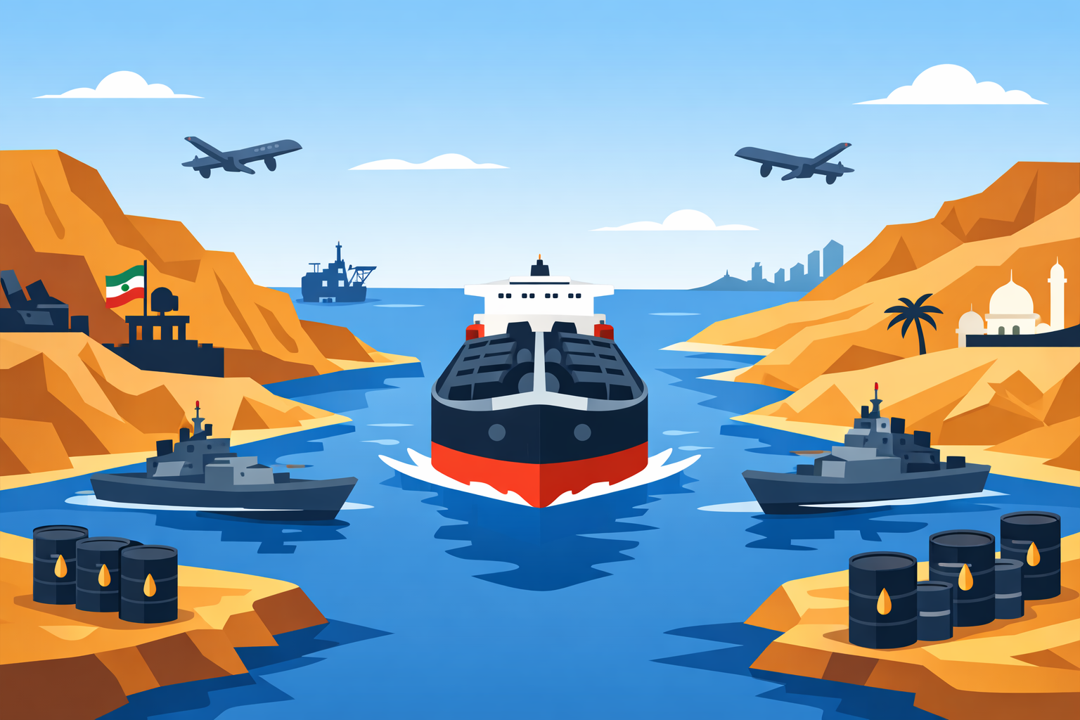 Flat-design illustration of oil tankers passing through the Strait of Hormuz with military ships and symbols of global oil trade.