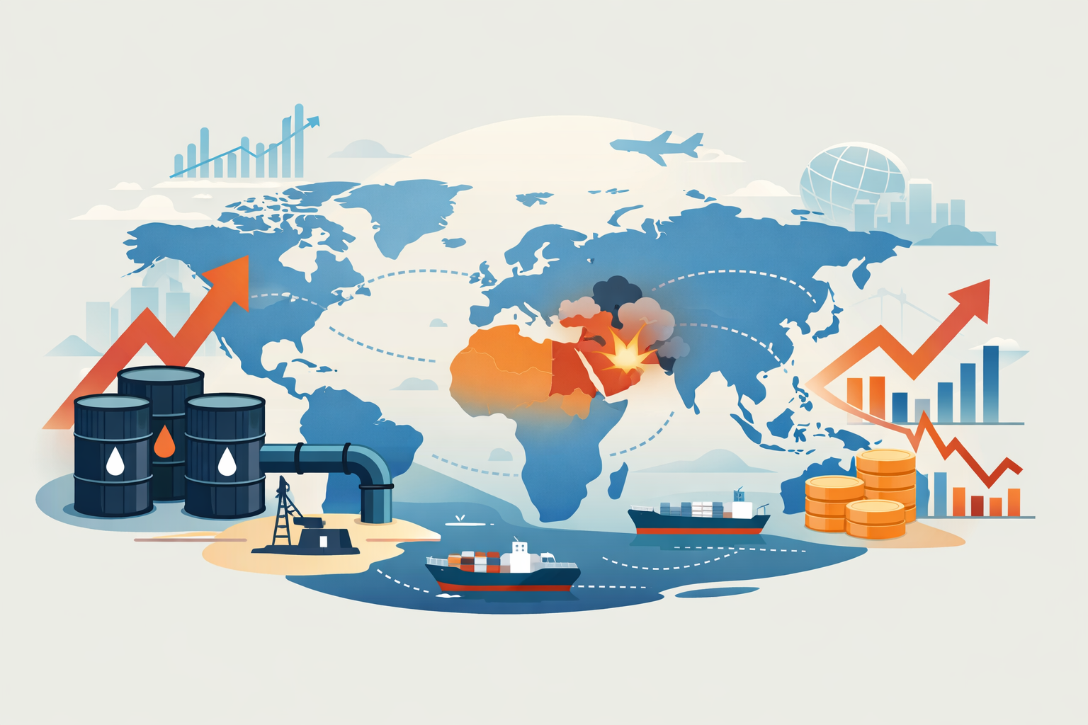 Flat-design illustration showing the global economy affected by a Middle East conflict, with oil barrels, shipping routes, and financial market symbols around a world map.