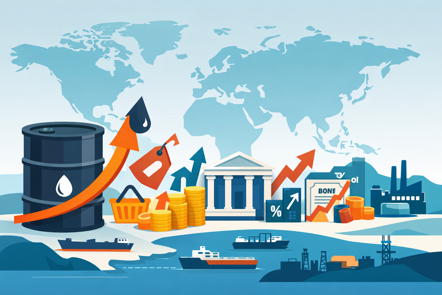 Flat-design illustration of a global oil-price shock pushing up inflation and affecting central bank policy and world markets.