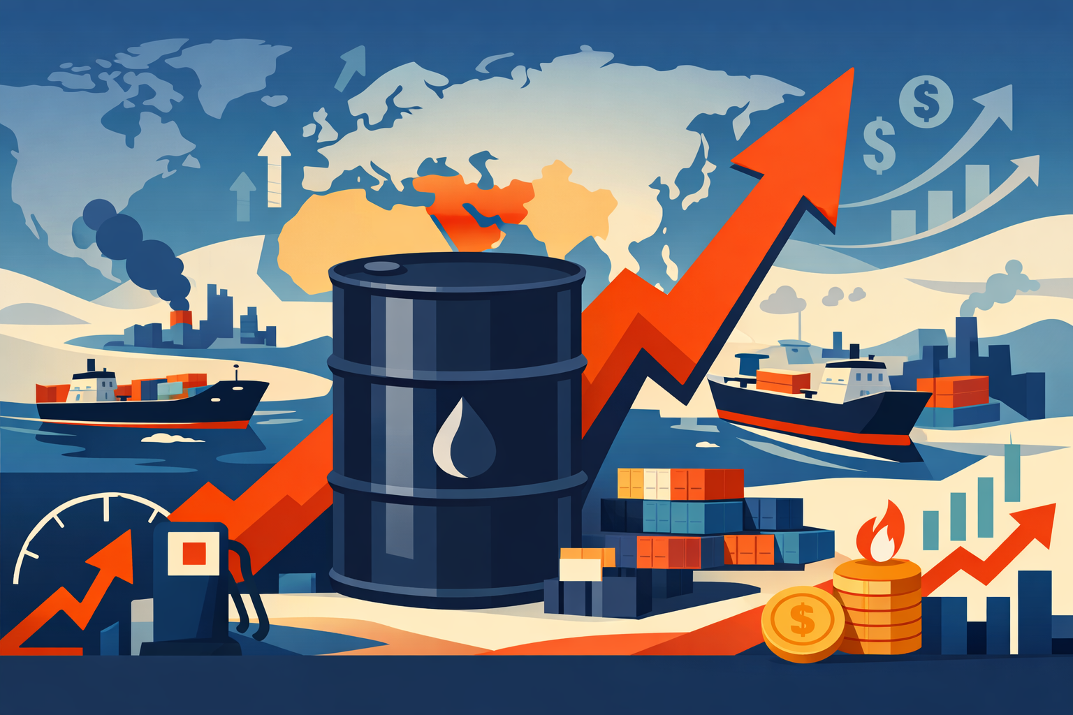 Flat-design illustration of a global oil price surge triggered by Middle East conflict, showing tankers, the Strait of Hormuz, and rising market pressure.