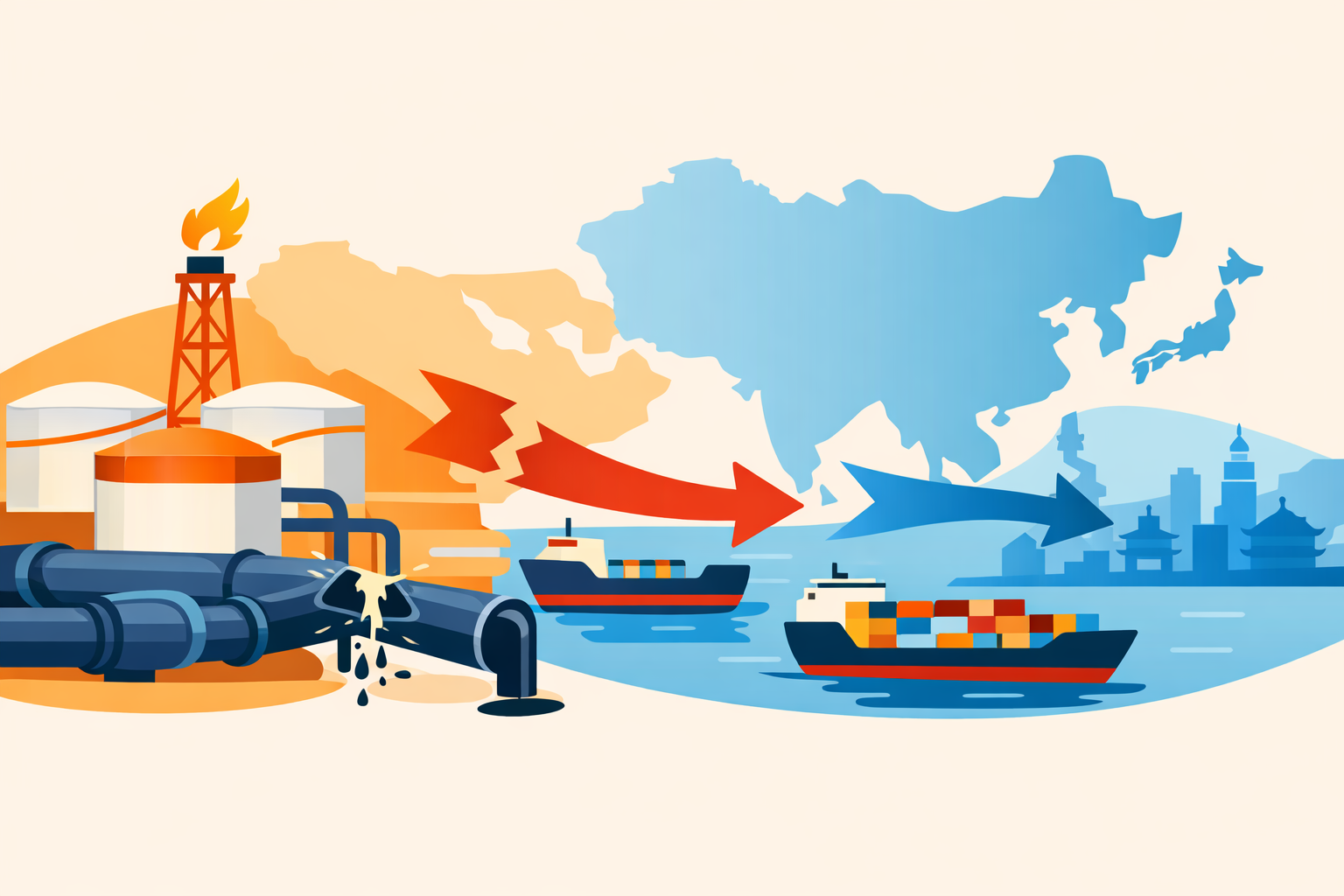 Flat illustration of disrupted Saudi oil supply affecting energy flows to Asia