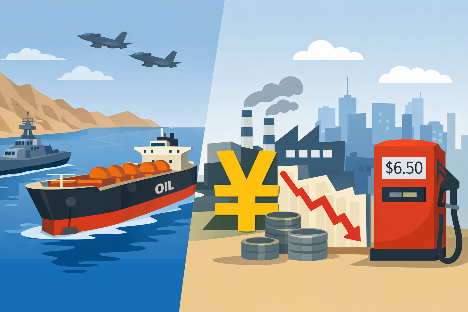 A flat-design illustration showing an oil tanker and military presence in the Strait of Hormuz on the left, and on the right a weakening Asian economy with a yen symbol, falling graph, factory, and high fuel prices.
