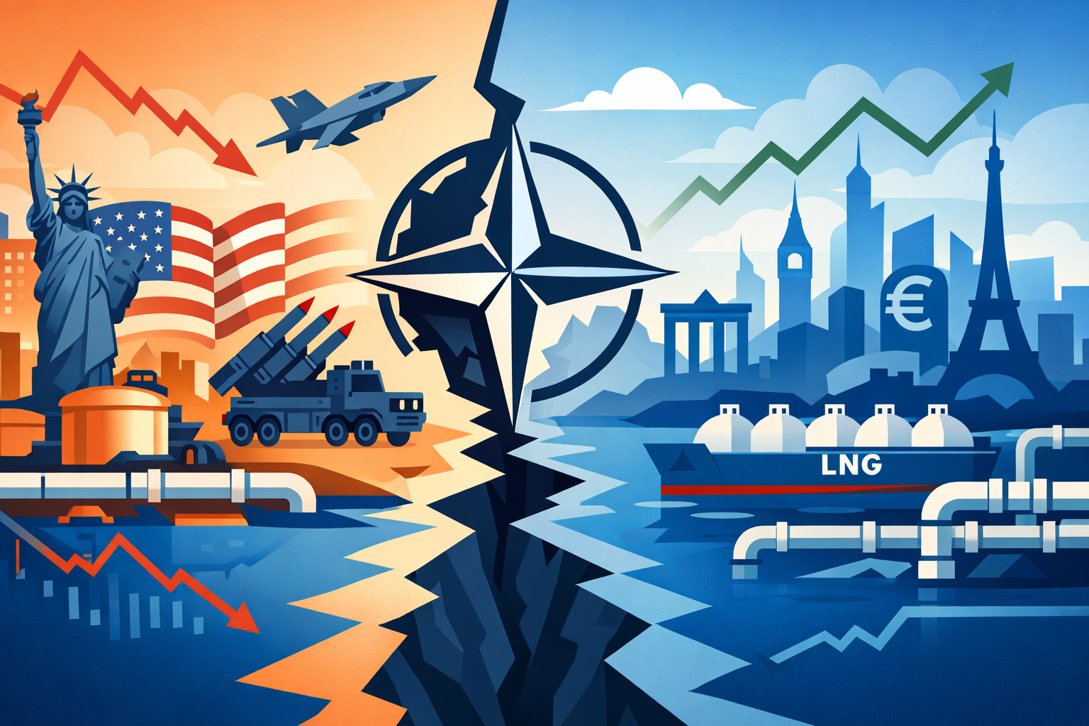 Flat-design illustration showing growing tension between the United States and Europe over NATO, with economic and geopolitical uncertainty reflected through defense and energy symbols.