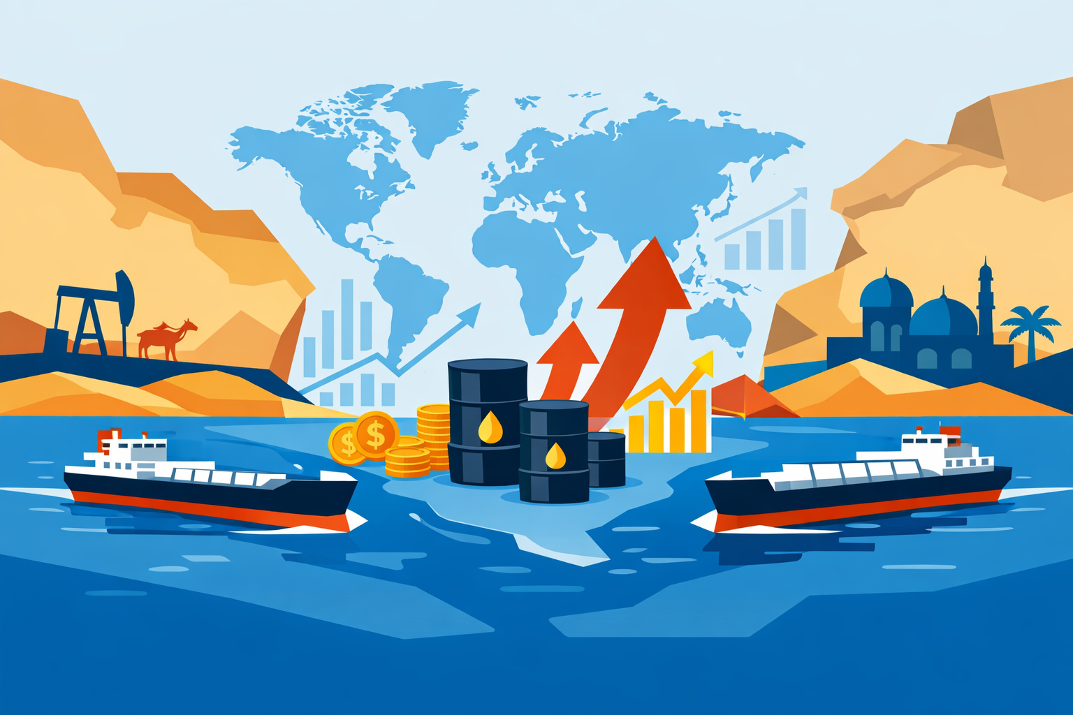 Flat illustration of oil tankers moving through the Strait of Hormuz with rising oil price symbols and global economic icons.