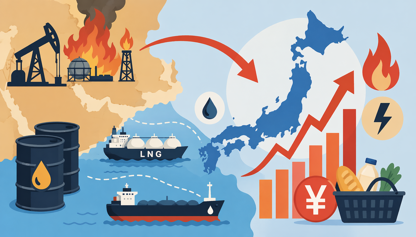 Flat-design illustration showing Japan’s inflation rising due to Middle East energy supply shocks