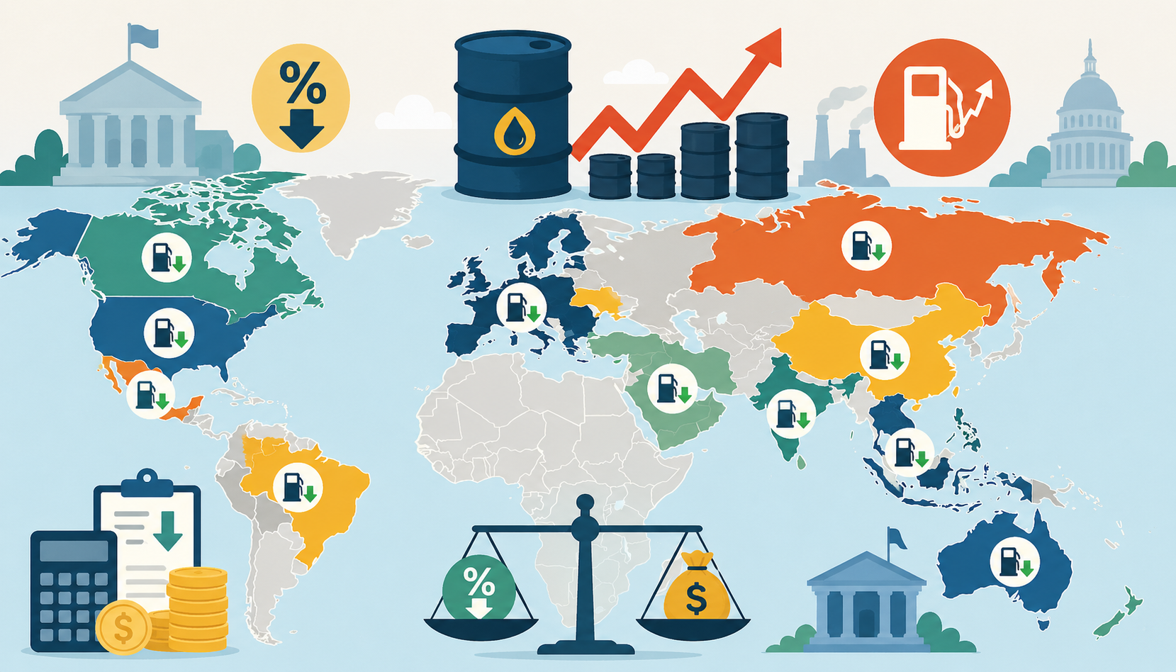 Global map showing multiple countries cutting energy taxes amid rising fuel prices