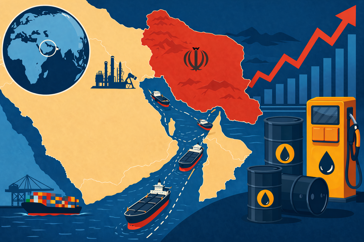 Flat-design illustration of the Strait of Hormuz with oil tankers, fuel symbols, and rising market imagery representing an oil-price shock.