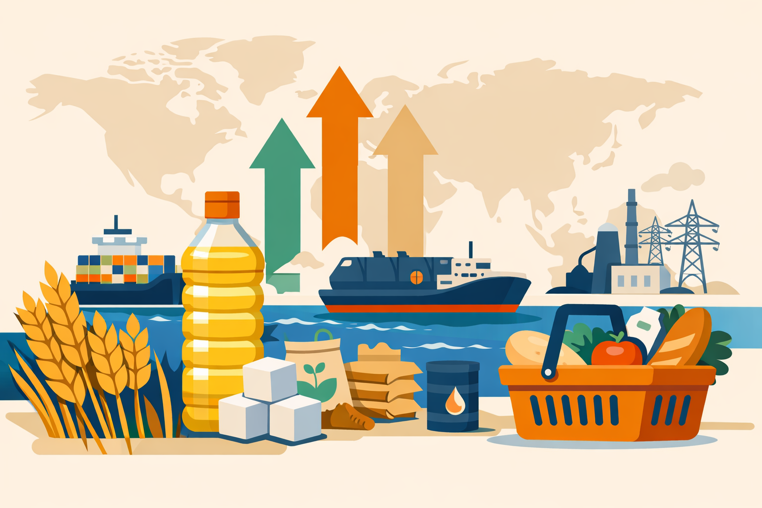 Flat-design illustration of global food inflation, showing wheat, cooking oil, sugar, shipping routes, and rising energy-linked cost pressure.
