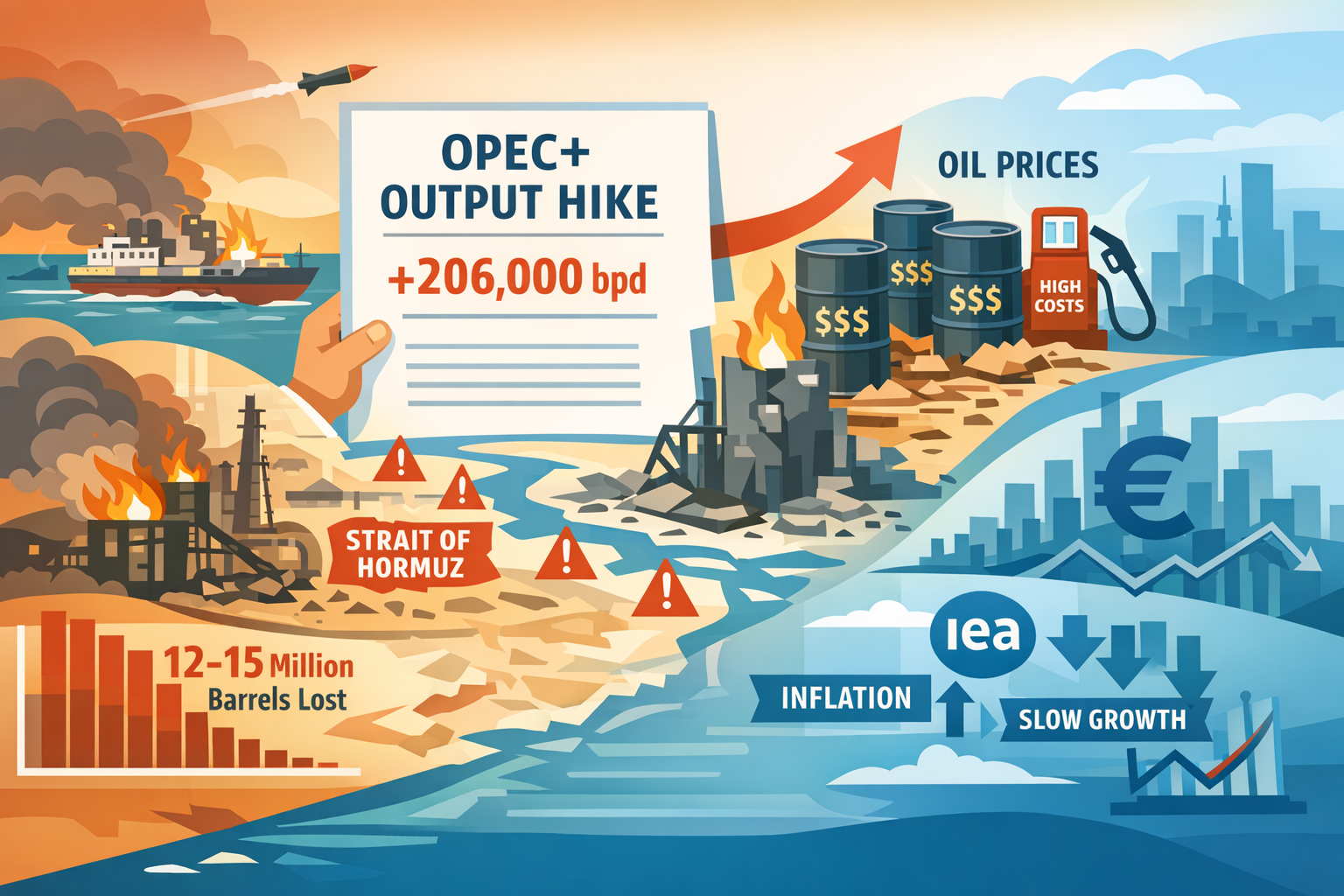 Flat-design editorial illustration of a global oil supply shock, showing OPEC+’s modest output increase against disrupted Gulf shipping routes, damaged energy infrastructure, rising oil prices, and wider inflation and slow-growth risks for the world economy.