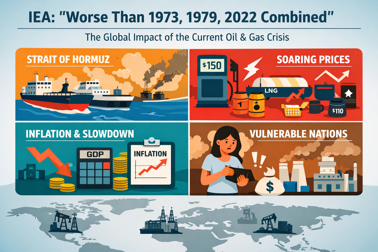 Flat-design editorial illustration showing the global impact of the oil and gas crisis, including the Strait of Hormuz, soaring fuel prices, inflation, slower growth, and pressure on vulnerable economies.