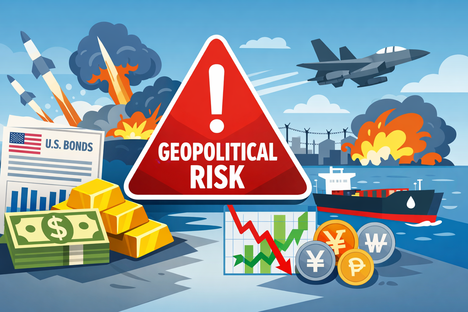 Central banks facing rising geopolitical risk, with symbols of the U.S. dollar, gold, oil shipping, fighter jets, and market volatility in a flat-design global economy illustration.