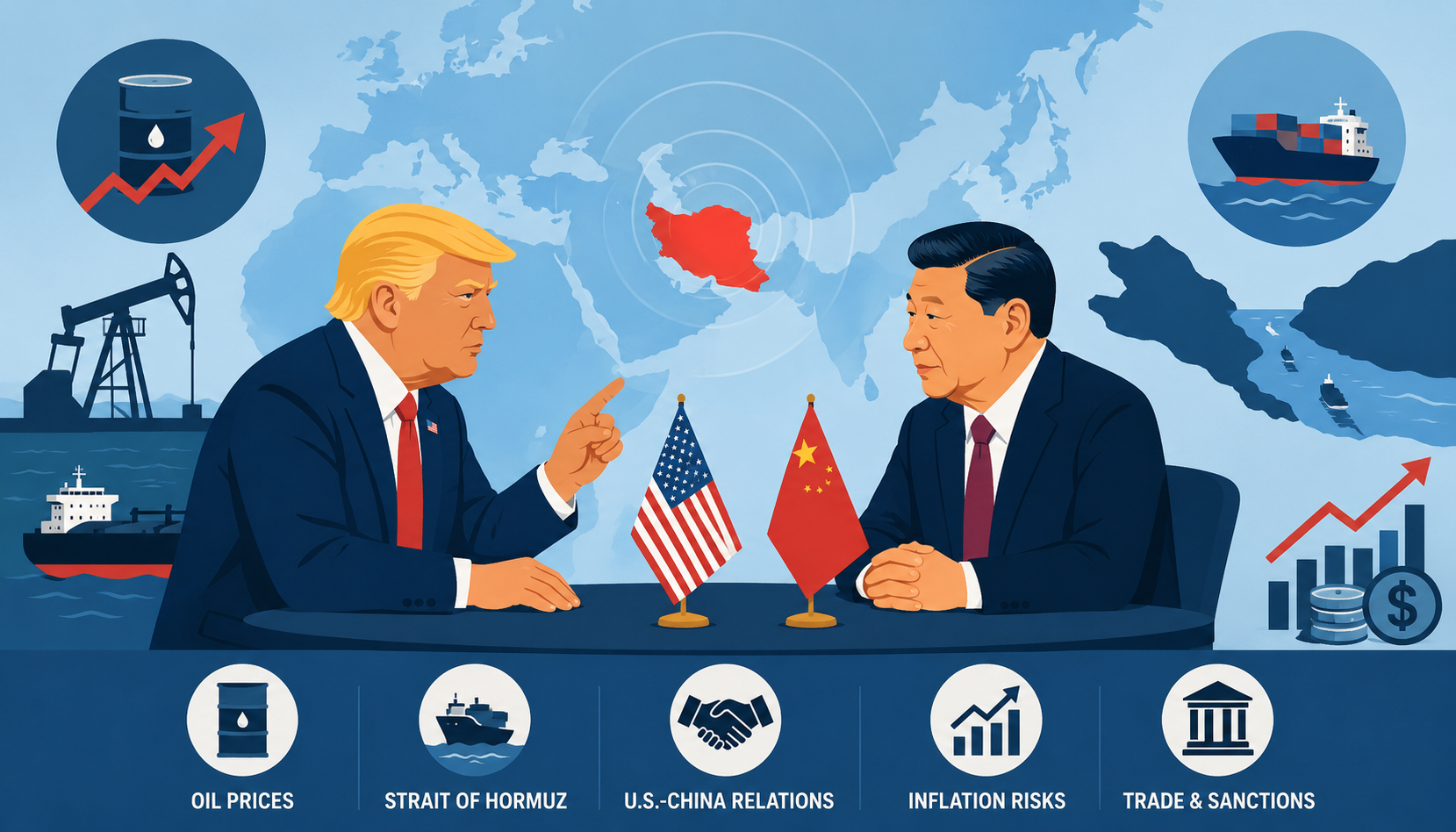 Flat vector illustration of U.S. and Chinese leaders facing each other over a globe, with oil barrels, shipping routes, and rising price arrows symbolizing the Iran war’s impact on global markets.