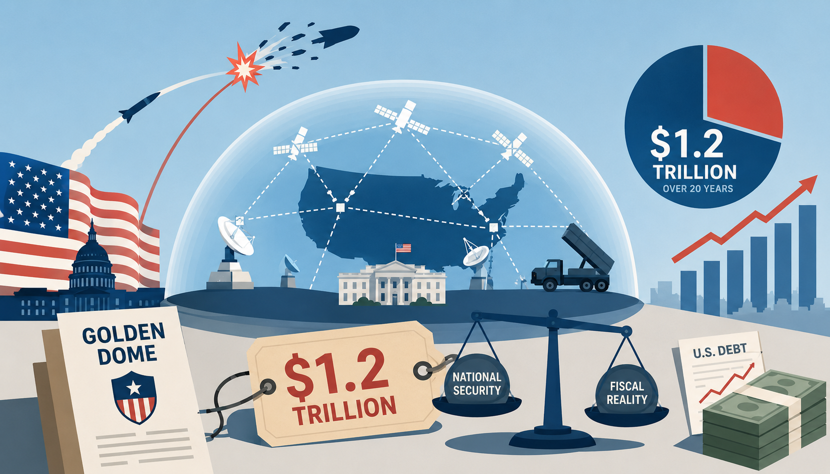 Flat vector illustration of a symbolic U.S. missile defense dome, satellites, budget papers, and market lines representing the Golden Dome cost debate.