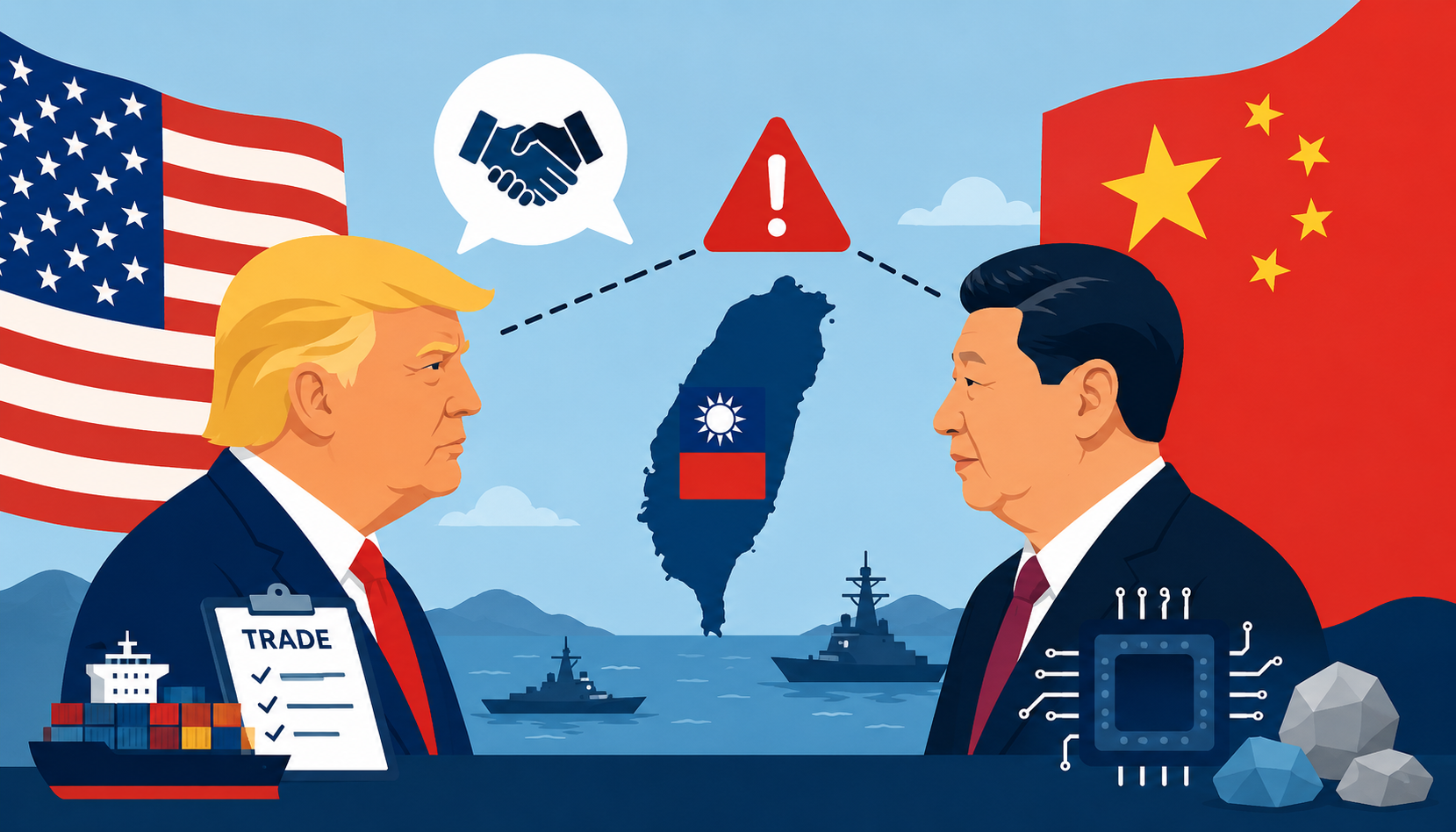 Flat vector illustration of U.S. and Chinese leaders facing each other across a diplomatic table, with Taiwan, trade, semiconductor, shipping, and market-risk symbols in the background.