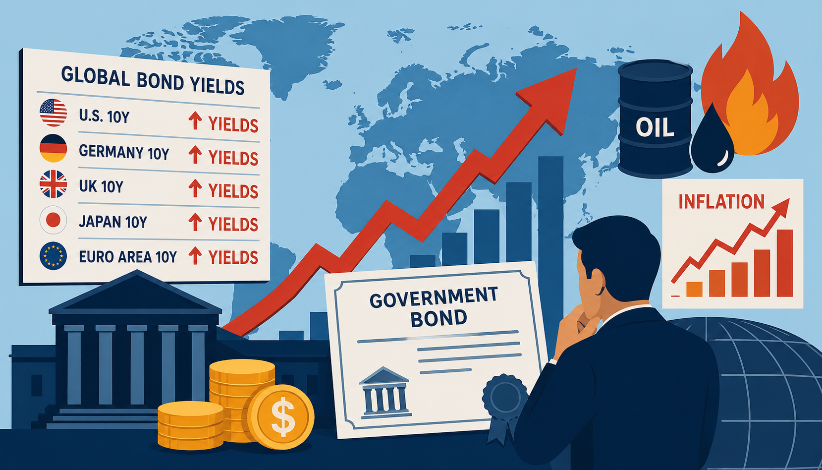 Flat-design illustration of global bond certificates falling as yield arrows rise, with central banks, oil barrels, and a world map suggesting inflation-driven market stress.