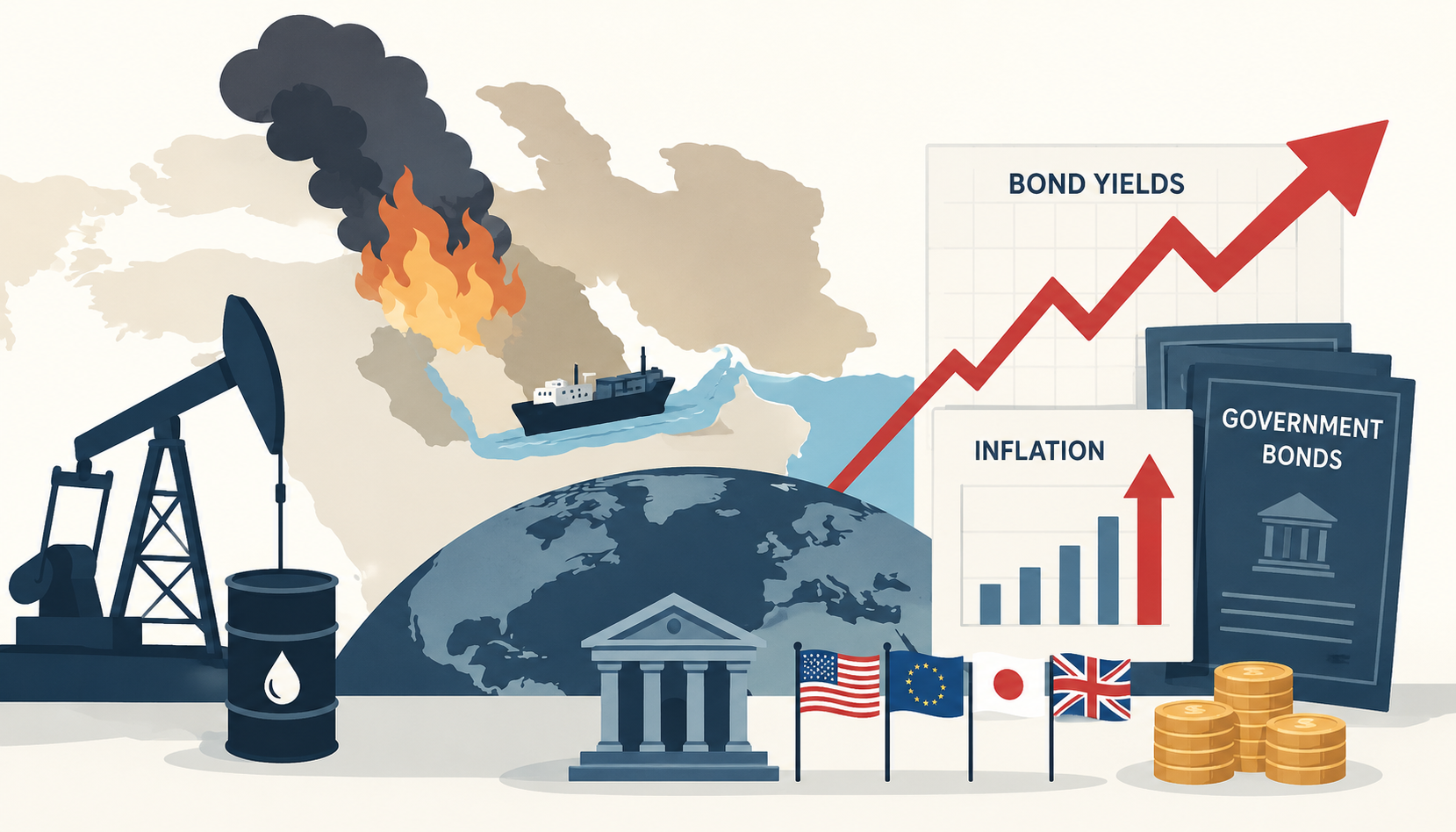 Flat vector image of global bond selloff, oil shock, Iran war inflation risk, and central bank pressure.