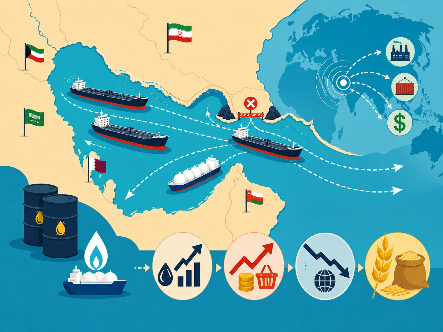 Flat vector illustration of oil tankers and LNG ships near the Strait of Hormuz, showing a disrupted shipping route and global economic ripple effects on energy, inflation, trade, growth, and food supplies.