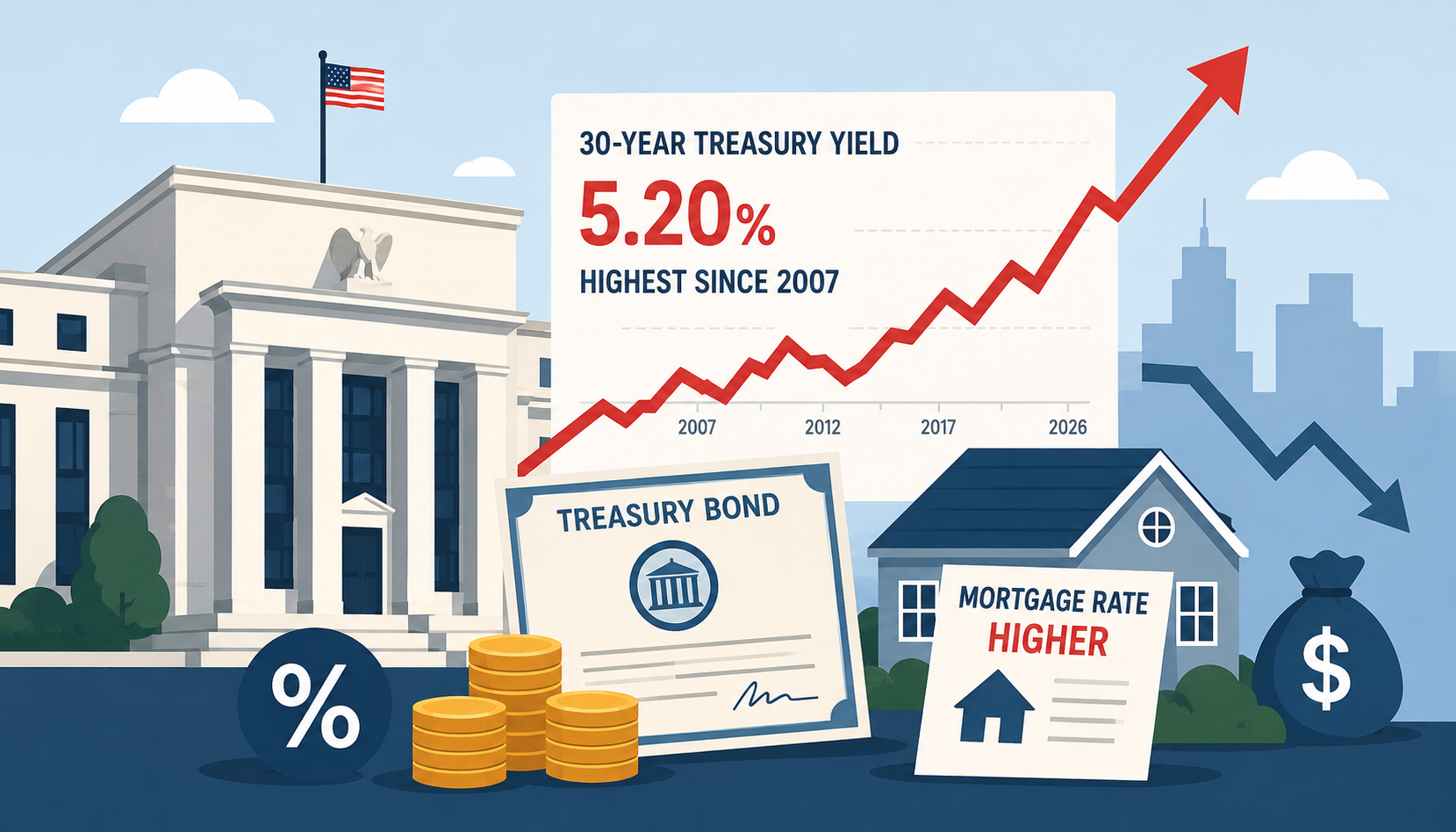 Flat illustration of rising US 30-year Treasury yields pressuring bonds, mortgages, equities, and global capital flows.