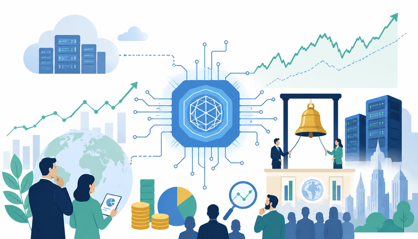 OpenAI IPO and AI valuation illustrated with a chip, market chart, data centers, and exchange bell